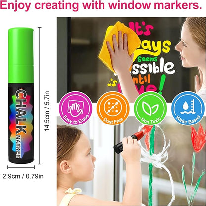 FansArriche Window Markers - 15mm Jumbo - 8 Pack of Neon Chalk Pens - Liquid Chalk Bright Car Markers, Chalkboard Markers for Windows, Blackboard, Glass, Signs, 3-in-1 nib