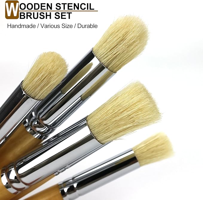 Wooden Stencil Brush Set, 6 Pieces Natural Hog Bristle Dome Stencil Brushes for Painting On Wood Wall, Stencil Projects, Card Making, DIY, Crafts and Acrylic Oil Watercolor Painting…