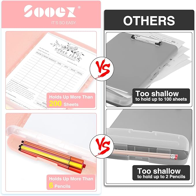 Sooez Glitter Clipboard with Storage, High Capacity Storage Clipboard with Pen Holder, Cute Clip Boards 8.5x11 with Low Profile Clip, Sparkle Plastic Clipboard Case Box for Women & Kids, Side Opening