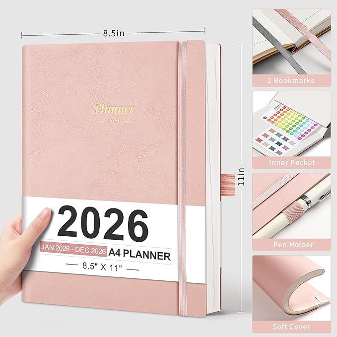 AHGXG 2026 Planner, Weekly and Monthly, Large A4 8.5"x11", Planner 2026-2027, Calendar 15-Months Jan 2026 - Mar 2027, Vegan Leather Softcover, Inner Pocket, Rose Gold