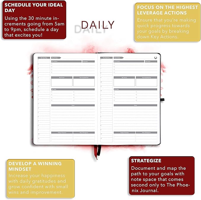 The Phoenix Planner - Best Daily Calendar and Agenda for Goal Setting, Boost Happiness and Productivity - Gratitude Journal, Habit Tracker, Quarterly Business Planner - 6 Months, Undated (Crimson)