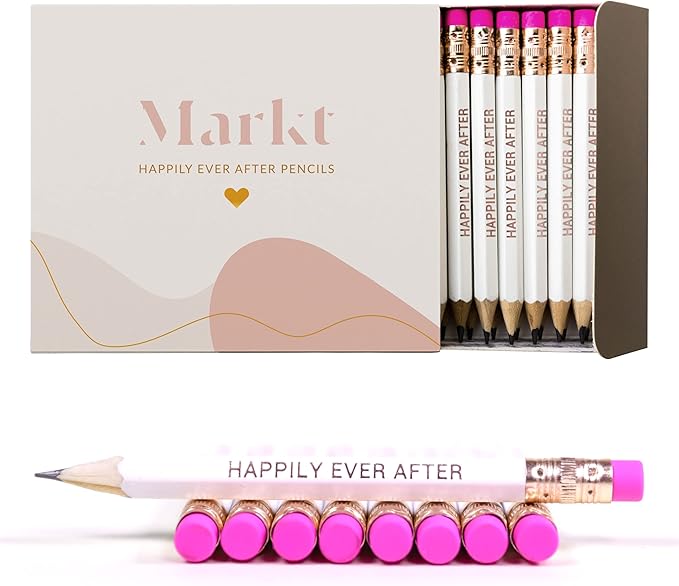 Markt Mini Pencils for Bridal Shower Games, Bridal Shower Pens, Happily Ever After Pencils, Small Pencil Set For Prizes, Game Winner Gifts (White With Pink Eraser)