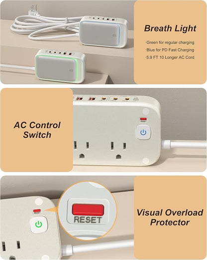 7-in-1 Power Strip, PD GaN 65W USB C Power Strip with 3 USB-C, 2 USB-A Ports and 2500W AC Outlet, Flat Plug Sleek Socket Essentials for Home/Office/College/Travel