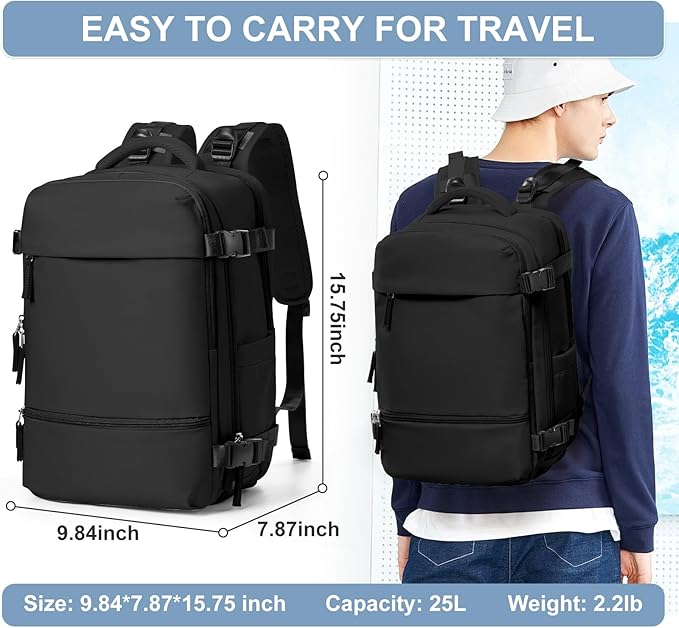 Travel Backpack Simple Durable Carry On Backpack with Shoe Compartment, Personal Item Travel Bag Flight Approved, Water Resistant Laptop Backpack for Women Men Weekender Business, Black
