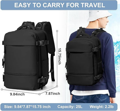 Travel Backpack Simple Durable Carry On Backpack with Shoe Compartment, Personal Item Travel Bag Flight Approved, Water Resistant Laptop Backpack for Women Men Weekender Business, Black