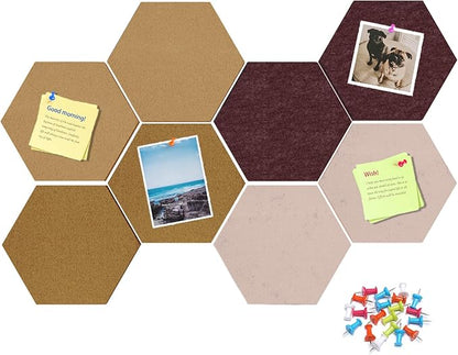 12" Large Bulletin Board with 30 Push Pins, Pack of 8 Hexagon Felt Pin Board Notice Boards for Home Office Kitchen, Felt Wall Tiles for Photos Memos (Yellow Brown)