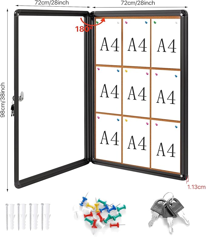 SWANCROWN Enclose Bulletin Board Case School Cork Noticeboards Cabinet with Locking Door and Keys,38x28 inch (9xA4)