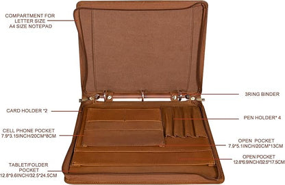Free Name Engraved, Personalized Leather Portfolio Binder for Men, 3 Ring Binder Custom Padfolio Folder, Handmade Professional Business Organizer with Zipper, Gift for Men/Women, Customized, Brown