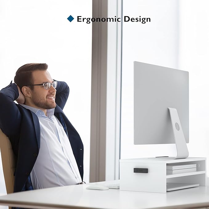 BONTEC Monitor Stand Riser White, 2 Tiers Wood Monitor Riser Stand with Storage Organizer, Desktop Ergonomic Monitor Stand Riser with Cellphone Holder and Cable Management, 16.5 Inch Desk Shelf