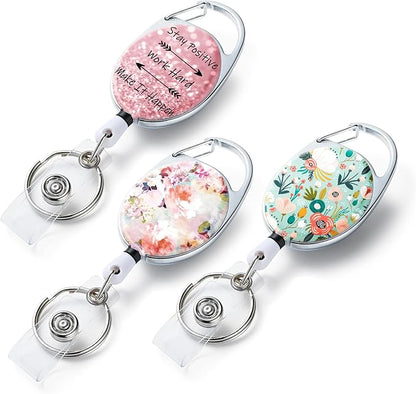 3 Pack Badge Reels Retractable，Double Sided Color Print Pattern Retractable Badge Holders，with Retractable Keychain, Badge Clip and Key Ring，Durable Nylon Retractable Rope