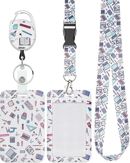 Uniclife Fashionable Sliding Badge Holder Stationery Pattern Plastic Case with Retractable Badge Reel Carabiner Clip & Detachable Lanyard Strap Vertical Card Protector for Women Nurse Teacher Student