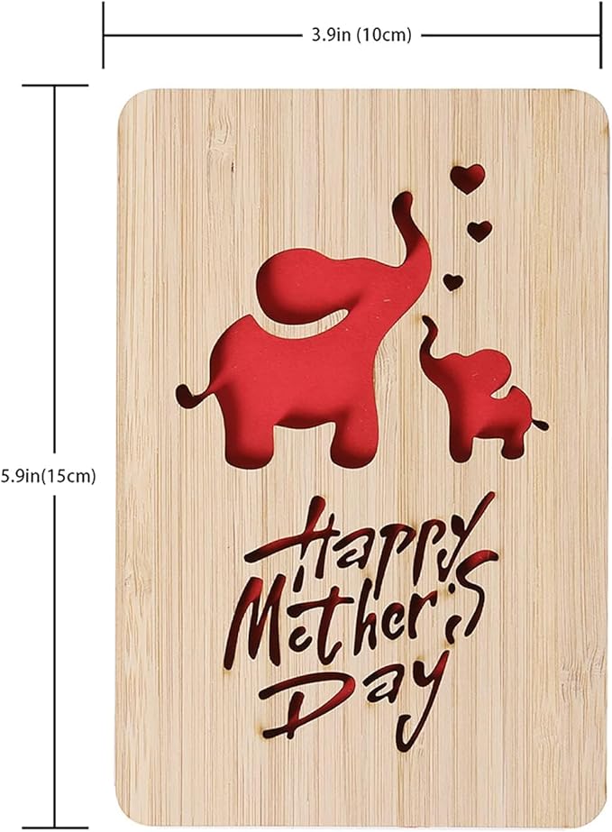 Mothers Day Cards,Handmade Bamboo Greeting Cards,Wooden Thankyou Card,Wooden Birthday Card for Mom,Mum Birthday Gift,Elephant pattern