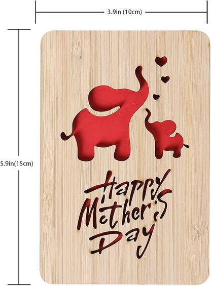 Mothers Day Cards,Handmade Bamboo Greeting Cards,Wooden Thankyou Card,Wooden Birthday Card for Mom,Mum Birthday Gift,Elephant pattern