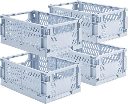 4-Pack Small Pastel Plastic Storage Baskets, Collapsible Crates for Organizing, Space-Saving Mini Bins for Classroom, Kitchen, Office, Bedroom (Blue, 9.8" x 6.5" x 3.8")