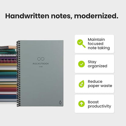 Rocketbook New Core Reusable Spiral Notebook, Executive Size 6x8.8, Gray - Lined Pages, App-Connected, Erasable, Durable Cover, Ideal for School, Work, and Creative Projects (Pack of 1)