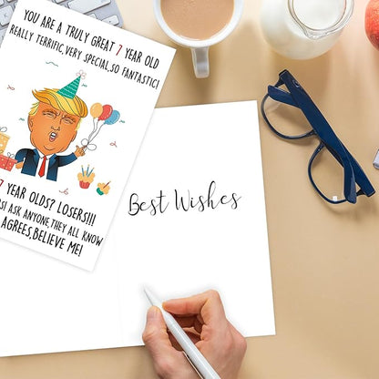 Funny Trump 7th Birthday Card for Boy Girl, Humorous Donald 7th Birthday Card Gift for Son Daughter Him Her, Sweet 7 Year Old Birthday Decoration for Niece Nephew