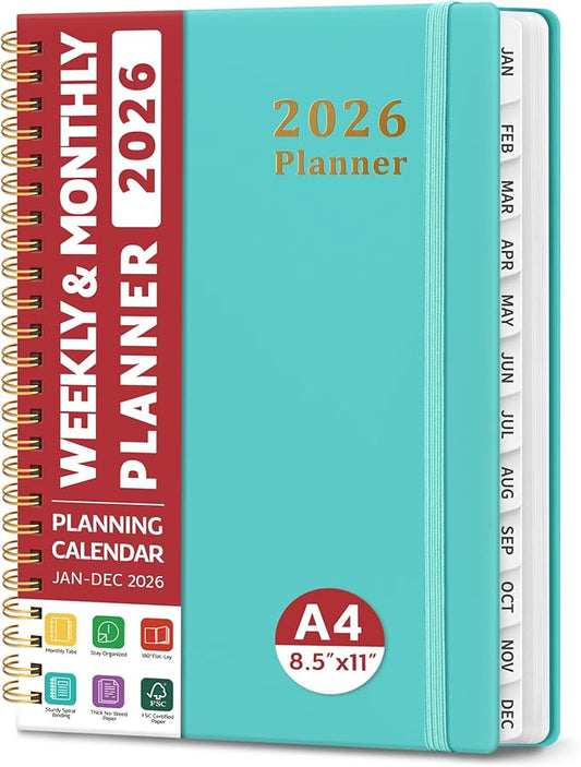 2026 Planner, Weekly and Monthly Calendar Planner, January 2026 - December 2026, Hardcover 2026 Calendar Planner Book with Tabs For Women & Men, Inner Pocket, Spiral Bound, Perfect for Office Home School Supplies - A4 (8.5" x 11"), Aquamarine