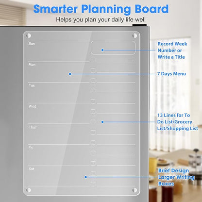 Acrylic Meal Planner Magnetic Menu Board for Kitchen Fridge Planning Board to Do List Shopping List Grocery List w/ 8 Markers, Clear Weekly Calendar for Refrigerator Dry Erase Board, 12x9’’