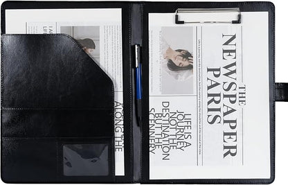 Clipboard Portfolio Meeting Record Manual Faux Leather Storage Clipboard with Cover for Size A4 Writing Pad,Phone Pocket & Business Card Holder, Used for Business Office,Meeting etc. (Black)