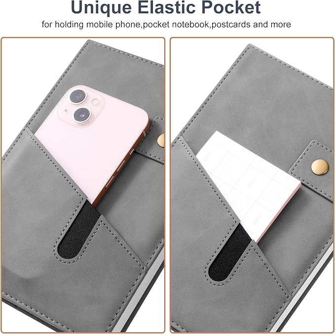 A5 Leather Journal Notebook with Pen, 200 Pages Hardcover Journal with Pocket, 100gsm Thick Lined Paper Daily Diary for Men and Women, Great Gift for Business School Travel Personal - Gray