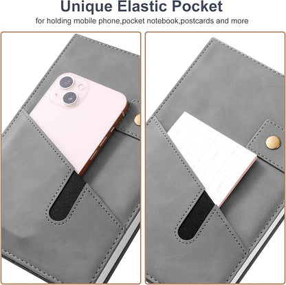 A5 Leather Journal Notebook with Pen, 200 Pages Hardcover Journal with Pocket, 100gsm Thick Lined Paper Daily Diary for Men and Women, Great Gift for Business School Travel Personal - Gray