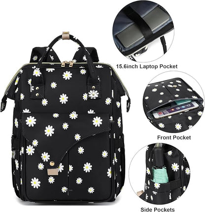 Flowers Laptop Backpack College School Backpack Bookbags Nurse Backpacks Travel Bags Casual Daypacks for Women Girls Fits 15.6 Inch Notebook (Black)