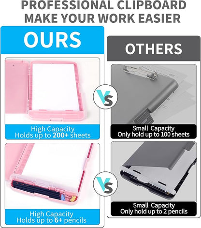 Clipboard with Storage, Clip Boards 8.5x11 with Storage, Large Capacity Nursing Clipboards with Pen Holder, Heavy Duty Plastic Storage Clipboard Folder with Low Profile Clip, Side-Opening