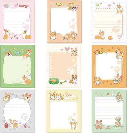 Sabary 9 Pads Sticky Notes 3.15 x 3.94 Inches Cute Self Sticky Note Pads Colored Adhesive Notepad for Memo Reminder Journal Studying Office Home Gift(Corgi)