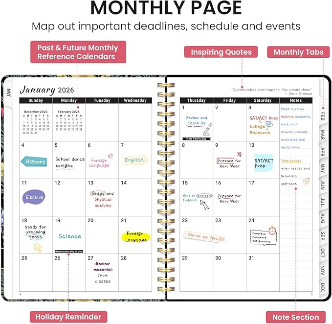 2026 Planner, Aesthetic Weekly and Monthly Planner for Women, Jan 2026 to Dec 2026, Hardcover 2026 Calendar Book with Monthly Tabs, Inner Pocket, Perfect for Office Home School - A5 (6.3" x 8.5"), Symmetrical Tapestry