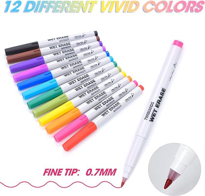 TWOHANDS Wet Erase Markers Ultra Fine Tip,0.7mm,Low Odor,Extra Fine Point,12 Assorted Colors,Whiteboard Markers for Office,Home,or Planning Dry Erase Board,20703