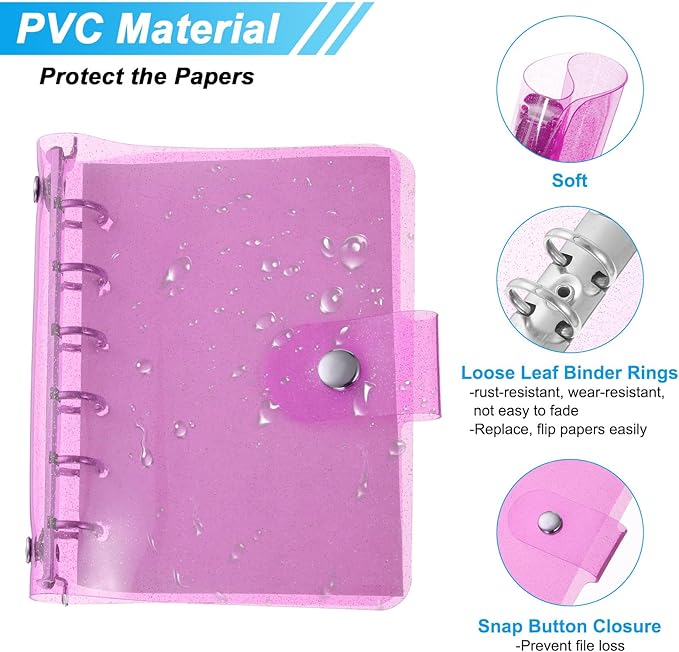 PATIKIL A7 Clear Binder Cover, Soft PVC Bling Loose Leaf Binder Protector Refillable Notebook Shell with Snap Button Closure for DIY Meeting Notebook Folder, Pink