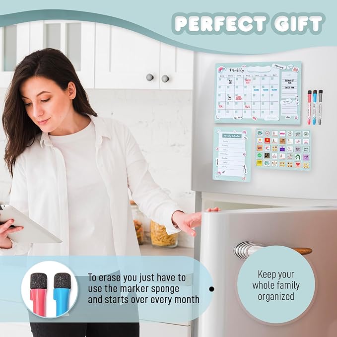 DAYLINDGO Magnetic Refrigerator Calendar - Magnetic Fridge Calendar 12.6" x 8.7" 3 Markers & 1 Invisible Ink & Grocery List Dry Erase Magnet Calendar for Fridge Kitchen Organization, Shipped Flat