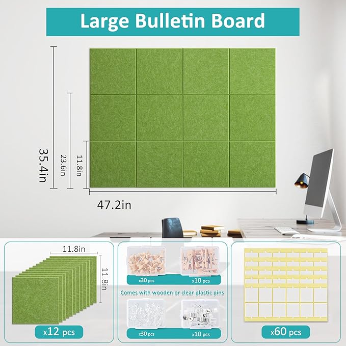Large Cork Board for Walls - 12 Pack Felt Wall Tiles with Safe Removable Adhesive Tabs - 48" x 36" Bulletin Board for Home & Office & School Decor - Sage Green