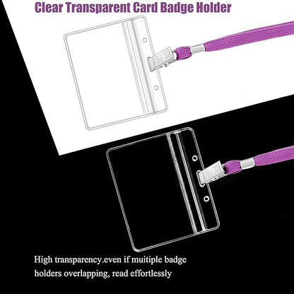 100Pcs Clear Plastic Horizontal Name Tags Badge ID Card Holders and 100Pcs Lanyards with Clip (Purple)