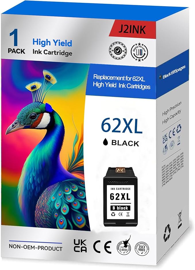 Printer Ink 62 XL 62XL Envy 7645 Black for HP 62 XL Black Ink Cartridge HP Ink 62 62XL HP62 HP62BK Works with HP ENVY 5540 5544 5545 5642 5660 5664 7640 7645, OfficeJet 200 250 258 5740 5745 5746 8040