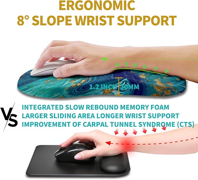 Hokafenle Ergonomic Mouse Pad Wrist Support, Wrist Rest Mousepad for Carpal Tunnel Pain Relief with Integrated Memory Foam Slope Massage Bulge (11.8x7.9 inch,Blue Gold
