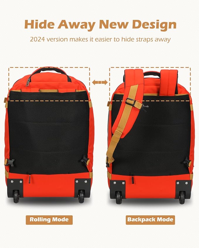 Hynes Eagle Rolling Backpack 42L Backpack with Wheels Airline Approved Carry on Luggage Laptop Travel Backpack for Women Men Orange Red
