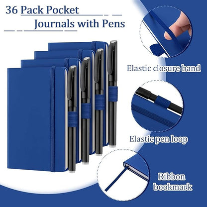 Laumoi 36 Sets Pocket Notebook Journals with Pens A6 Cute Small Journal Notebook Ruled Lined Mini Notepad Hardcover Executive Notebooks Set with Pen Holder for School Office, 3.7 x 5.7 Inch (Royal)