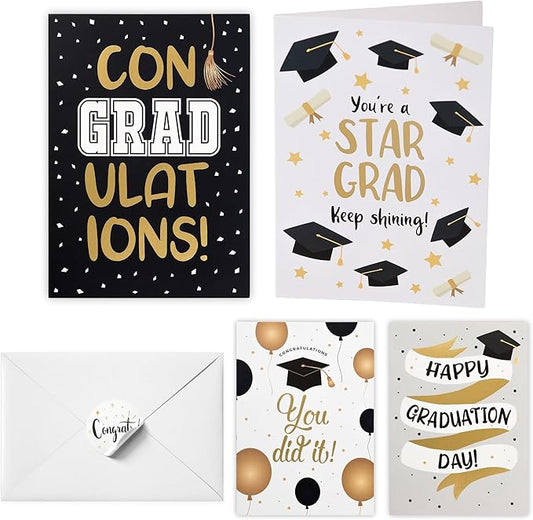 Graduation Cards 2024-20 Pack Matte Gold Foil Congratulations Cards, 7x5 Inches Bulk Greeting Cards with Envelopes and Stickers - College & High School Graduation