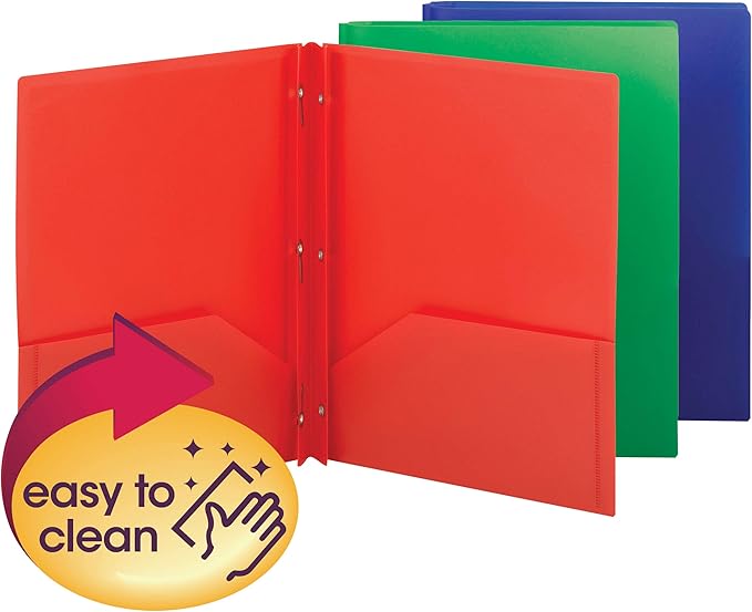 Smead Poly Two-Pocket Folder, Three-Hole Punch Prong Fasteners, Letter Size, Assorted Colors, 3 per Pack (87737)