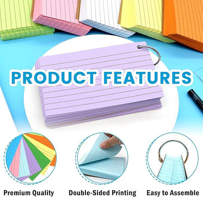 800 PCS Index Cards 3x5 Inches Colored Flash Cards with Ring, Punched Lined Flashcards Ruled Index Cards Notecards Study Cards Heavy Note Cards for Studying, Learning, School, College, Memory