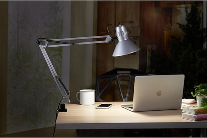 Bostitch Office VLF100-SLV Swing Arm Desk Lamp with Clamp Mount, 36" Reach with Multi-Joint Adjustment, Includes Replaceable LED Bulb (VLF), Silver