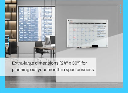 Real Glass Dry Erase Monthly Calendar, Extra Large 24" x 36", Tempered Glass Surface, Frameless Wall Mount, with 4 Assorted Color Markers and Eraser, by Better Office Products (Bright White)