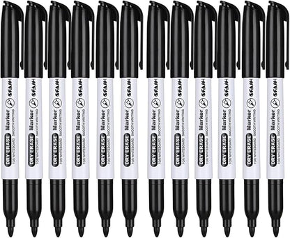SFAIH Dry Erase Markers Fine Tip - 12 Pack Whiteboard Markers Dry Erase For Kids Adult Low Odor, Black Dry Erase Markers Fine Point For Home Classroom