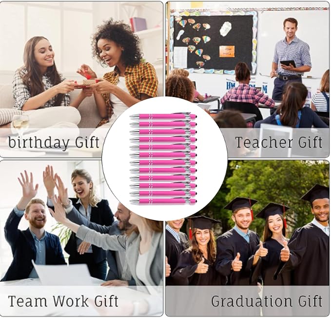 Ballpoint Pens with Stylus Tips，12 Pcs Pink Retractable Metal Stylus Pen for Touch Screens, 1.0 mm Black Ink