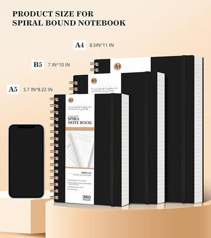 Spiral Notebook Journal College Ruled, 360 Pages Lined Thick Journals for Women Men, B5 Big Notebooks with 100GSM Paper, Spiral Bound Journaling for Writing Work School Black 7.6"×10"