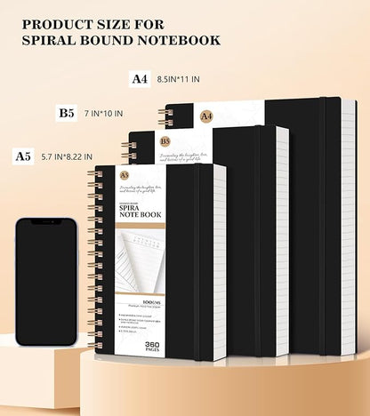 Spiral Notebook Journal College Ruled 8.5''x 11'', 360 Pages Lined Thick Journals for Women Men, A4 Large Writing Spiral Journal with 100GSM Paper, Spiral Notebooks for Work, School Black