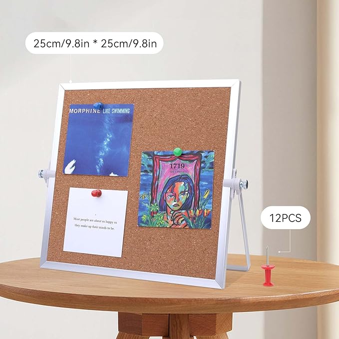 9.8"×9.8" Cork Board Bulletin Board, Double Sided Pin Board with Silver Aluminum Border, Desktop Small Cork Board with Stand Suitable for Home, Office, Desk Message Board or Picture Board