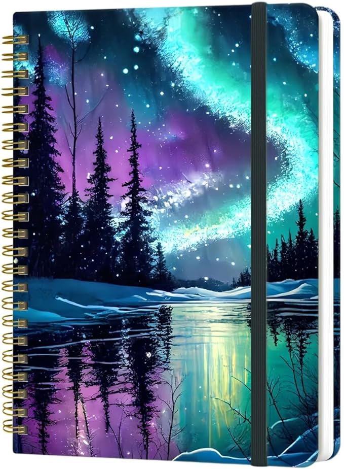 Spiral Notebook - A5 Spiral Notebooks, 8.3'' × 5.8'', 160 Pages, Aesthetic Journaling Notebooks for Women, College Lined Notebook with Elastic Closure, Back Pocket, for School Office, Starlit sky