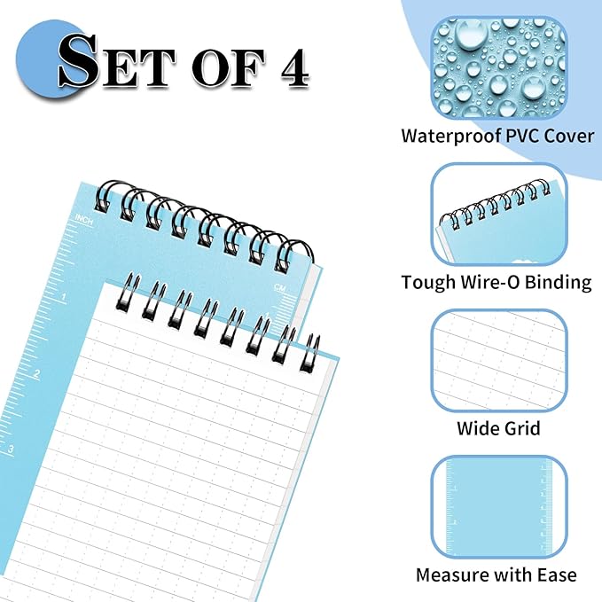 Waterproof Notebook, 4 Pack Top-Spiral Pocket Notepad, 3" x 5" Weatherproof NotePad, All Weather Police Pocket Notebook Little Memo Steno Note Pads for Outdoor Office School Recording, Black